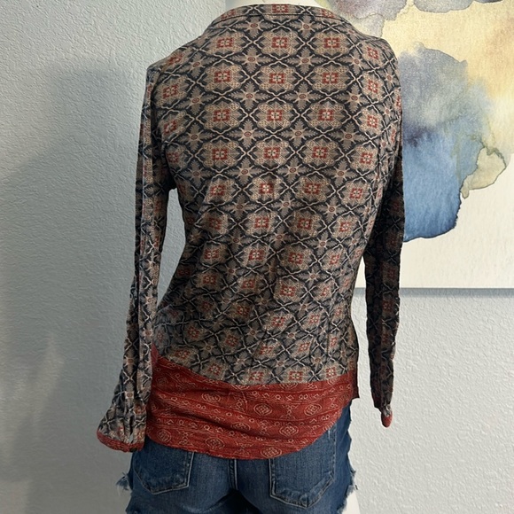 Lucky Brand Peasant Top Boho Mixed Print Border Blouse Lightweight - Picture 4 of 11